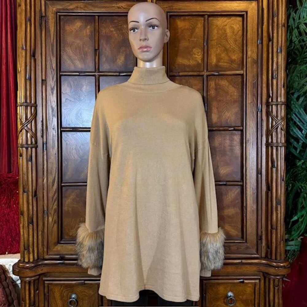 JM Collection Tan Barley Faux Fur Sleeve Turtleneck Sweater
